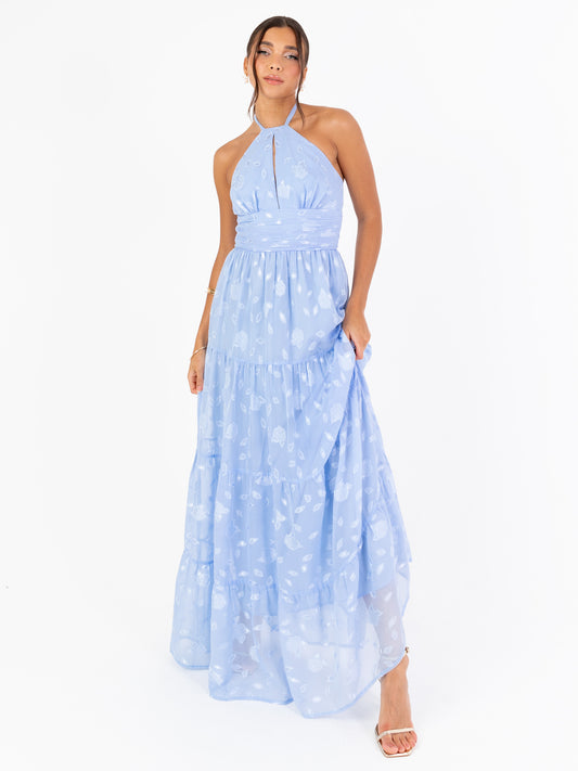 Maya Light Blue Floral Self-Tie Halter Neck Maxi Dress