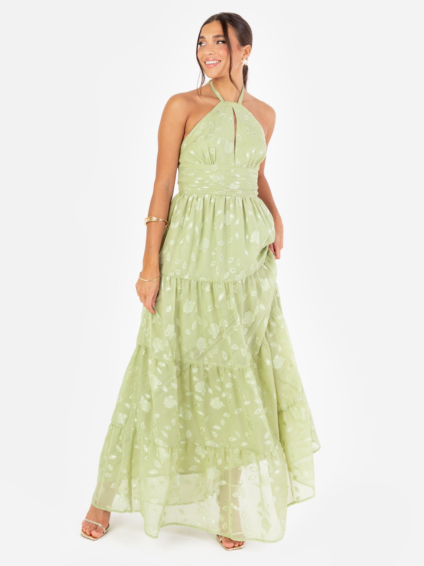 Maya Sage Green Floral Self-Tie Halter Neck Maxi Dress