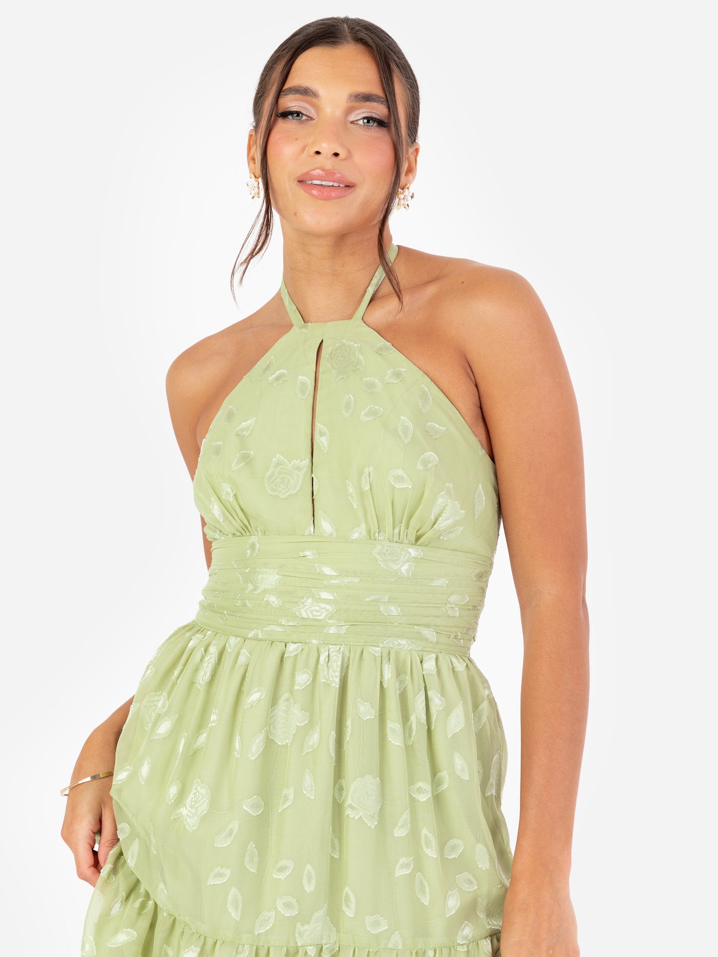 Maya Sage Green Floral Self-Tie Halter Neck Maxi Dress