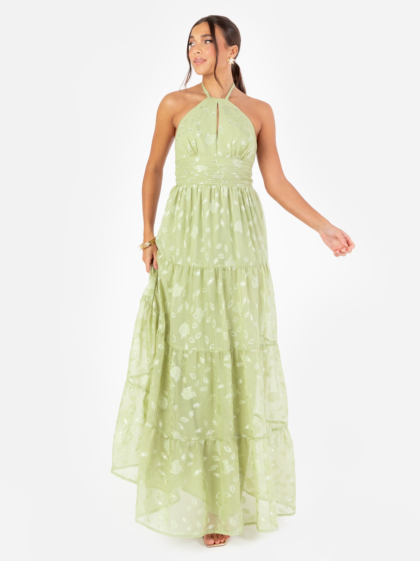 Maya Sage Green Floral Self-Tie Halter Neck Maxi Dress
