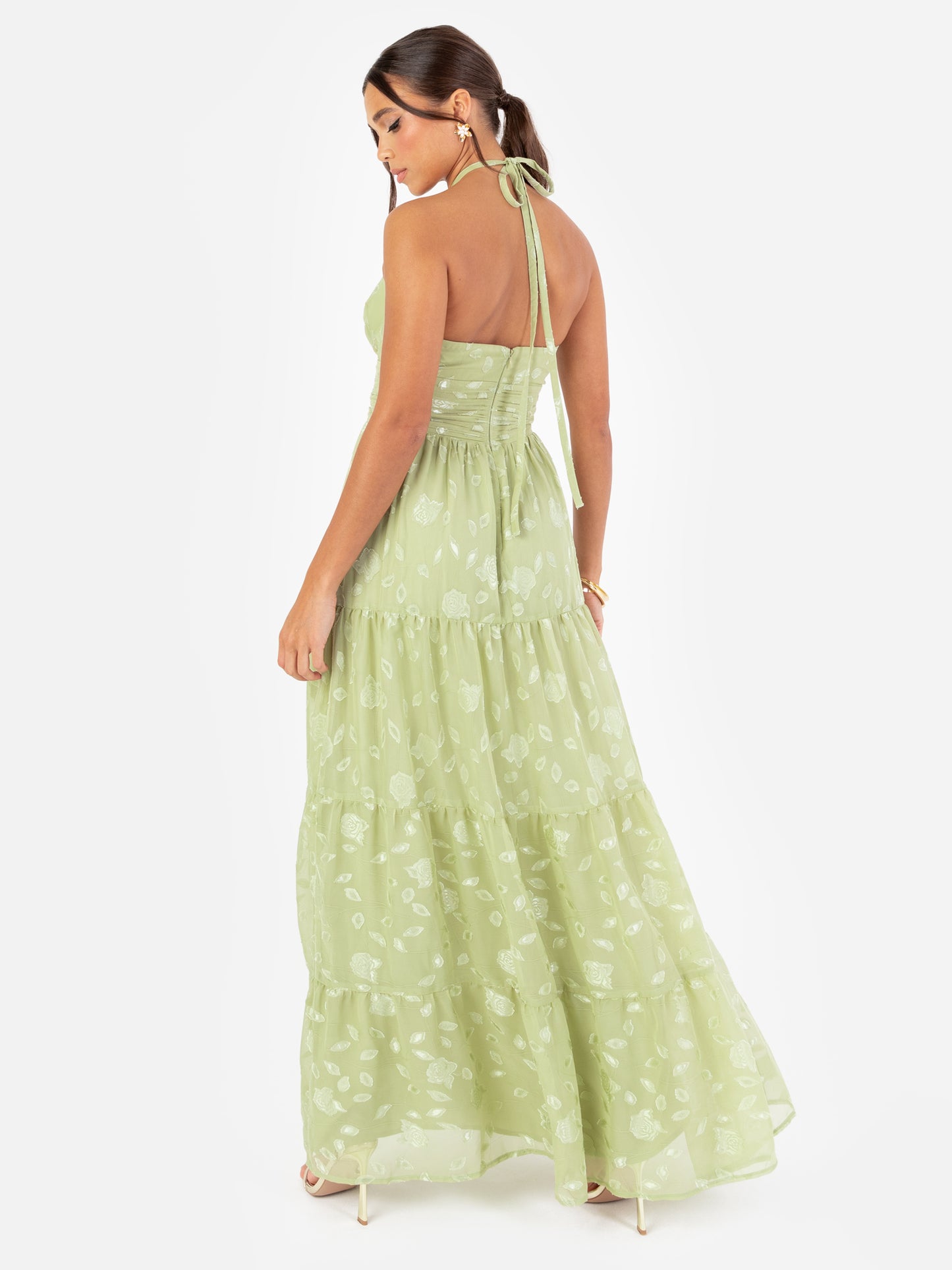 Maya Sage Green Floral Self-Tie Halter Neck Maxi Dress