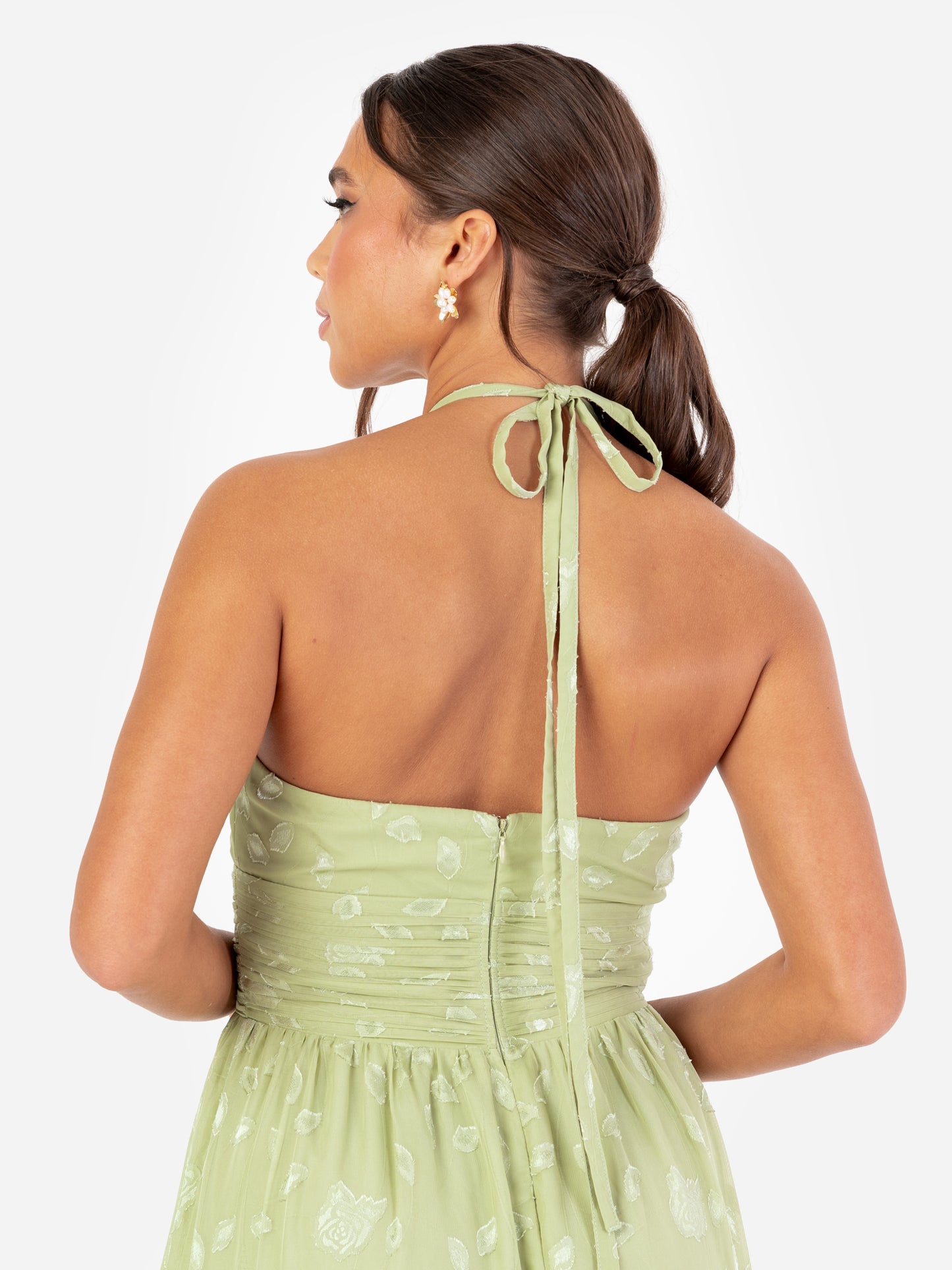 Maya Sage Green Floral Self-Tie Halter Neck Maxi Dress