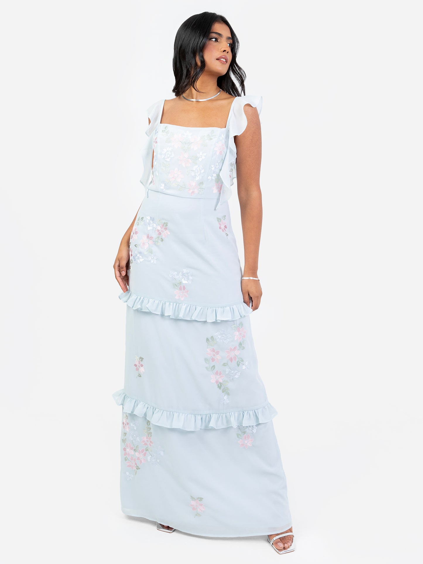 Maya Floral Embroidered Square Neck Blue Maxi Dress