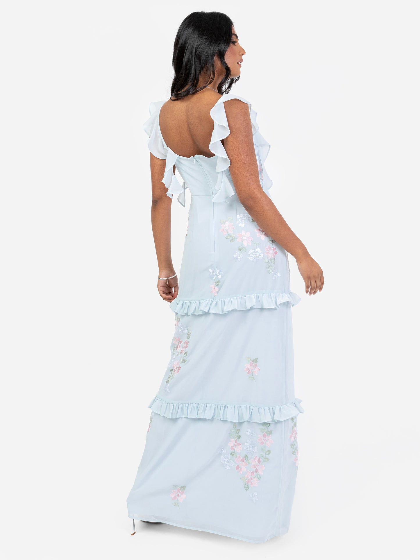 Maya Floral Embroidered Square Neck Blue Maxi Dress