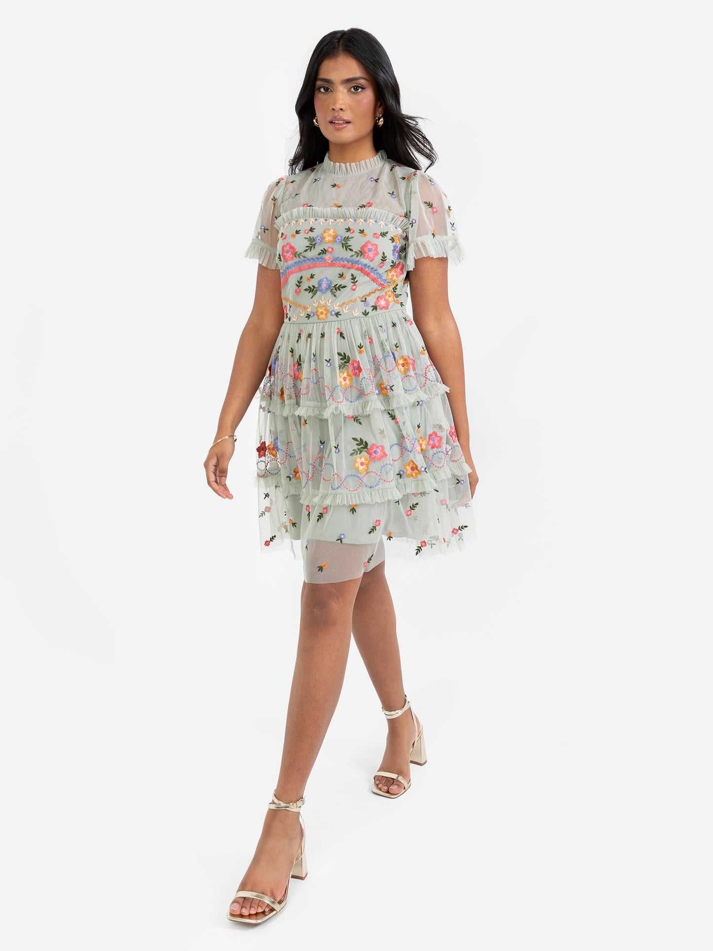 Maya Floral Embroidered Short Sleeve High Neck Mini Dress