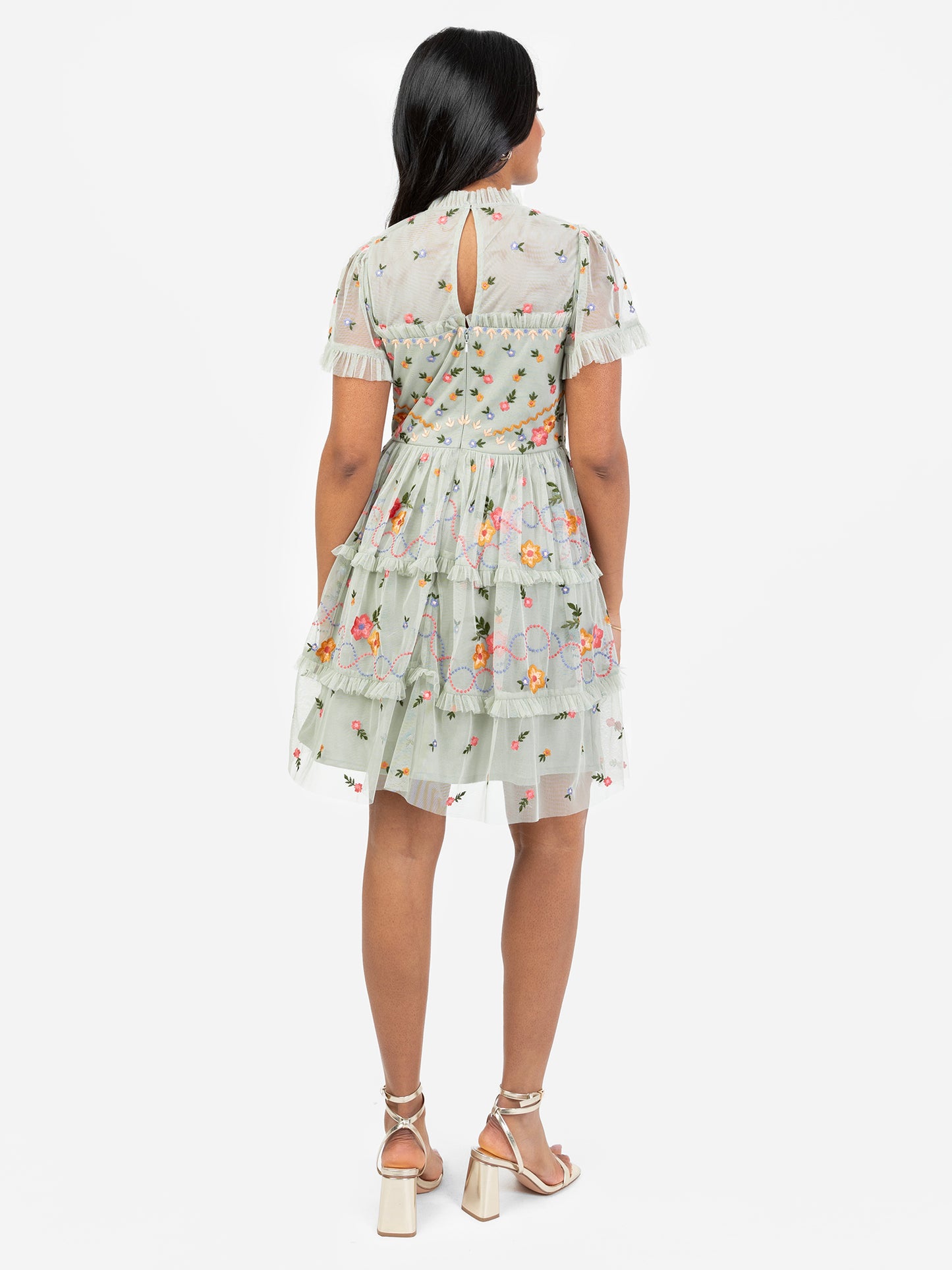 Maya Floral Embroidered Short Sleeve High Neck Mini Dress