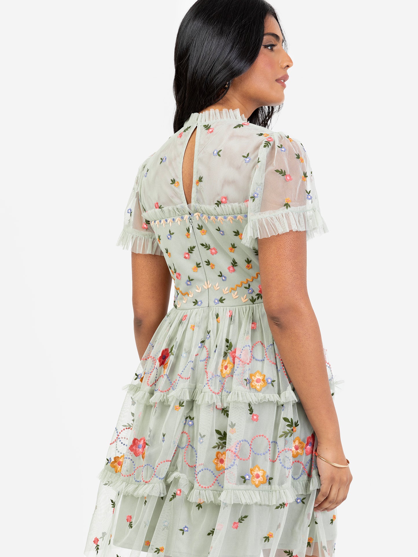 Maya Floral Embroidered Short Sleeve High Neck Mini Dress