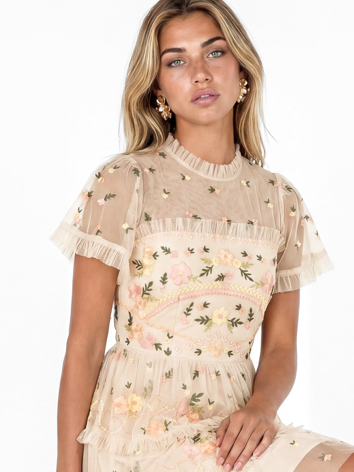 Maya Embroidered Short Sleeve High Neck Mini Dress