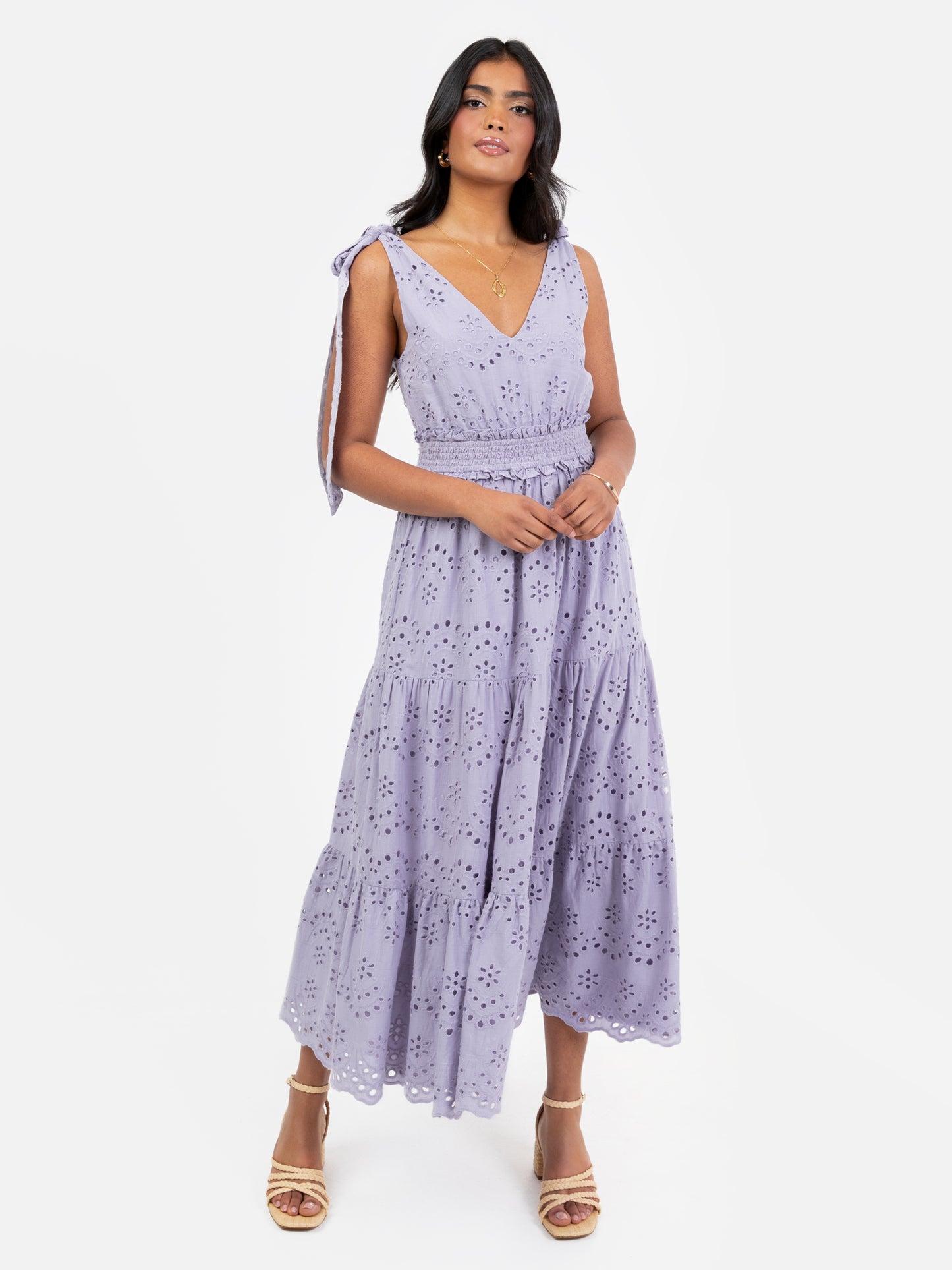 Maya Dusty Lavender Broderie V Neck Strappy Midi Dress with Tie Shoulders