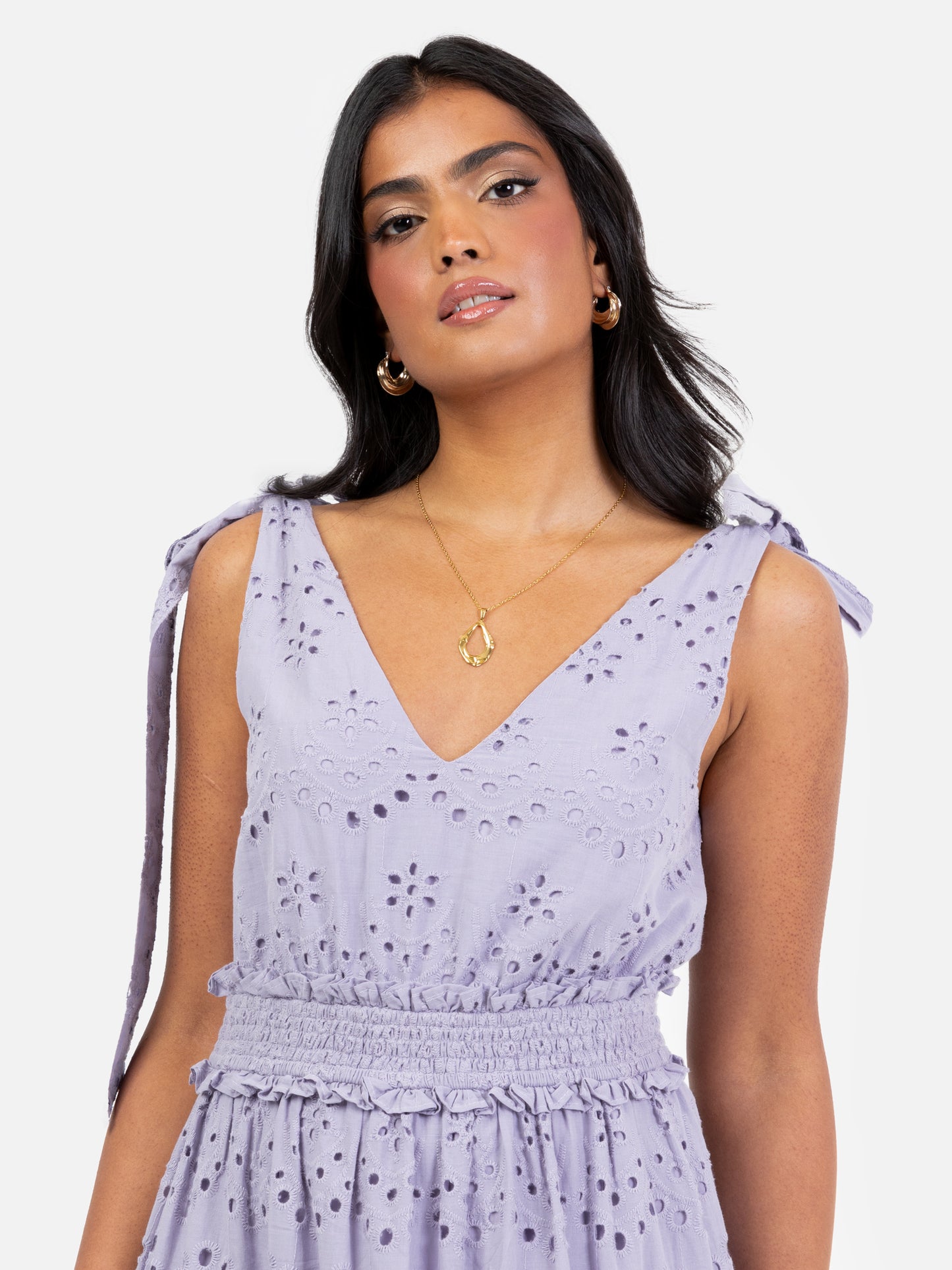 Maya Dusty Lavender Broderie V Neck Strappy Midi Dress with Tie Shoulders
