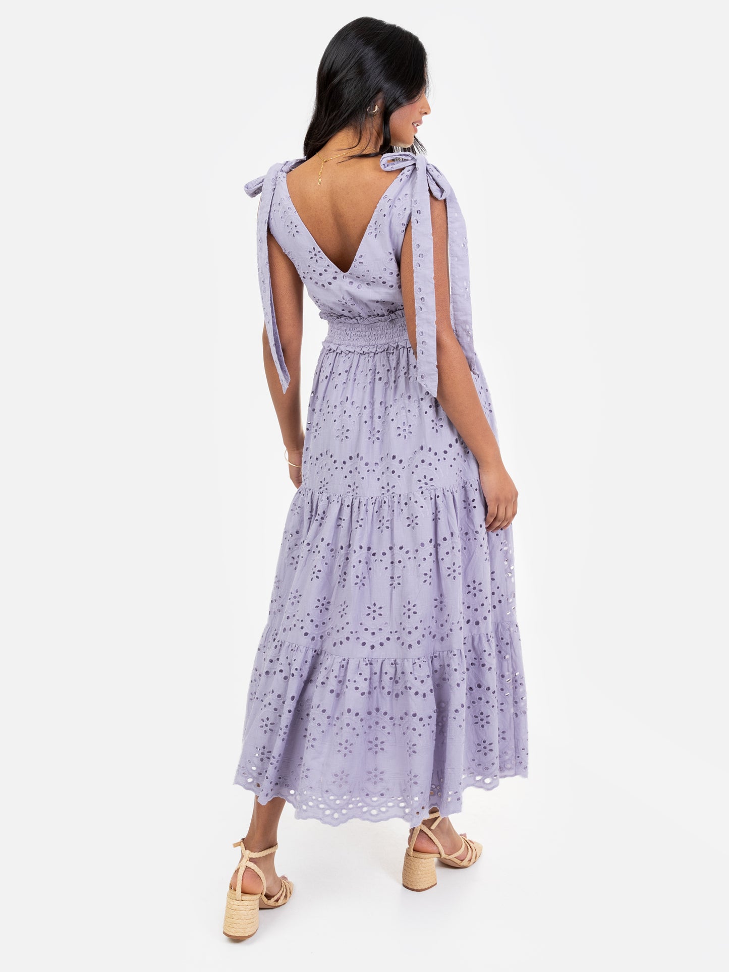 Maya Dusty Lavender Broderie V Neck Strappy Midi Dress with Tie Shoulders