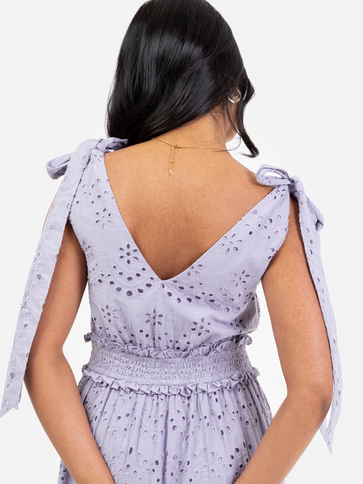 Maya Dusty Lavender Broderie V Neck Strappy Midi Dress with Tie Shoulders