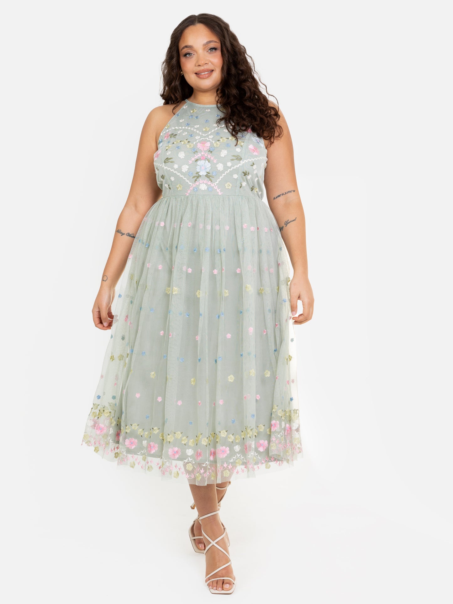 Maya Sage Green Floral Embroidered Halter Neck Midaxi Dress