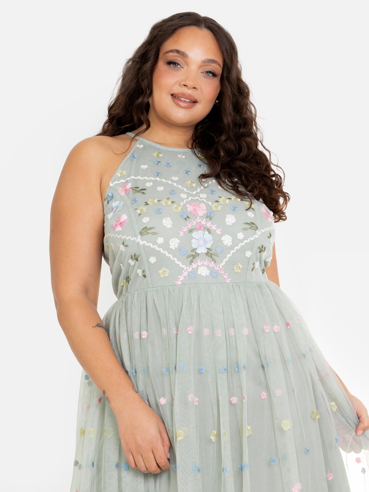 Maya Sage Green Floral Embroidered Halter Neck Midaxi Dress