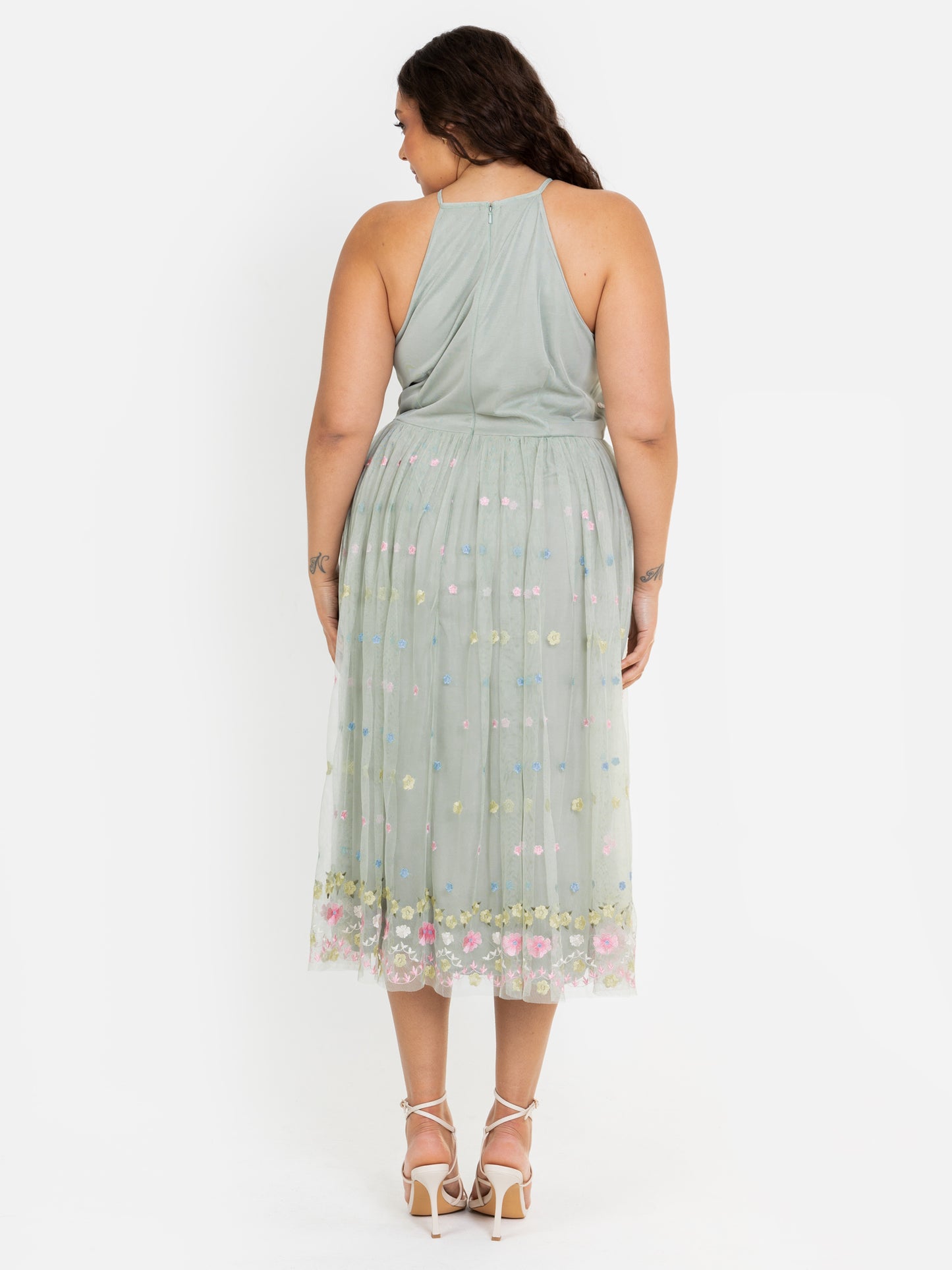 Maya Sage Green Floral Embroidered Halter Neck Midaxi Dress