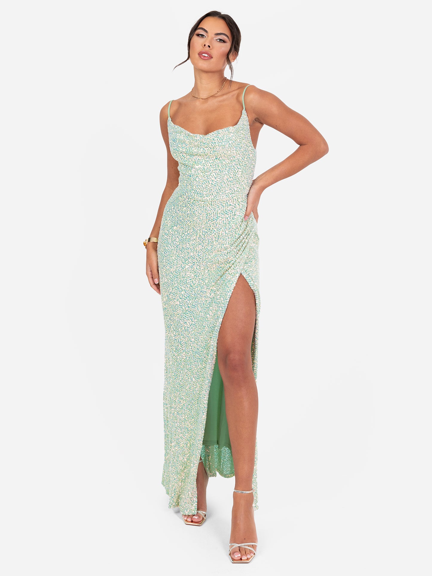 Maya Green Fully Embellished Cami Cowl Neck Maxi Dress