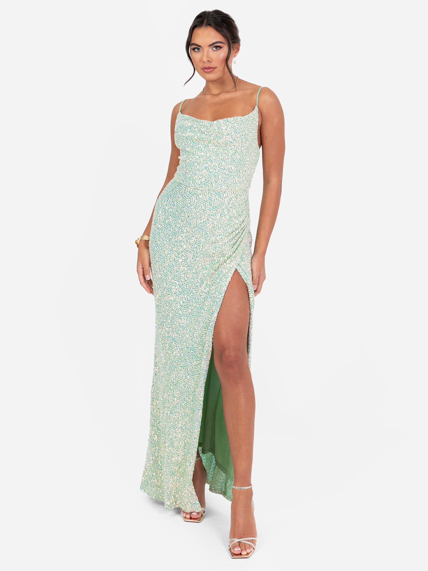 Maya Green Fully Embellished Cami Cowl Neck Maxi Dress
