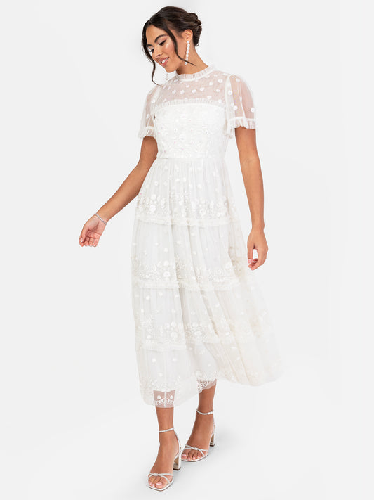 Maya White Floral Embroidered Short Sleeve Bridal Midi Dress
