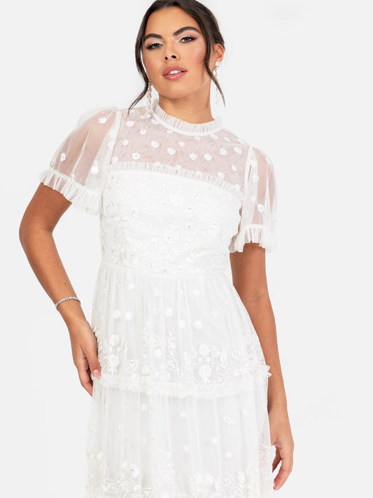 Maya White Floral Embroidered Short Sleeve Bridal Midi Dress