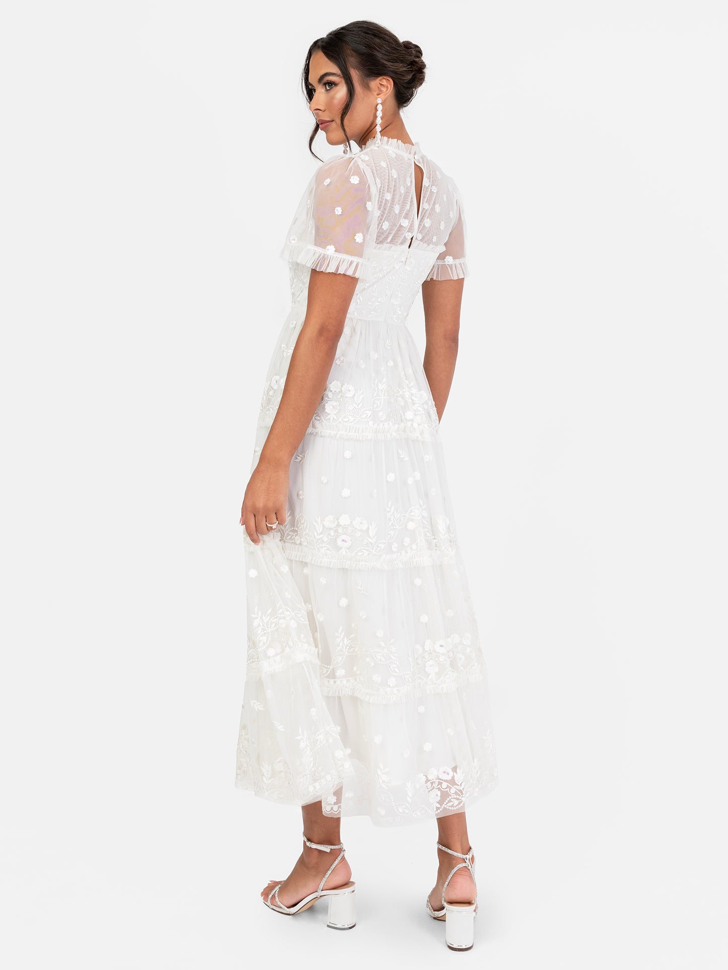 Maya White Floral Embroidered Short Sleeve Bridal Midi Dress