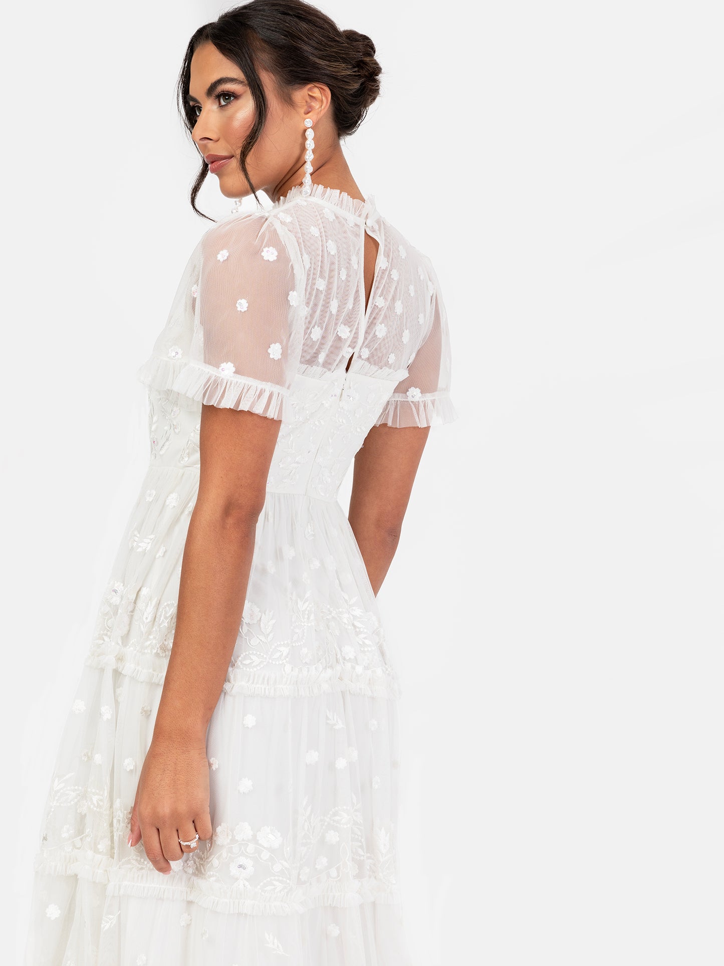 Maya White Floral Embroidered Short Sleeve Bridal Midi Dress