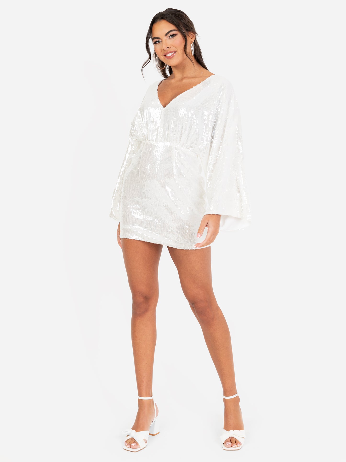 Maya White Fully Embellished Kimono Sleeve & Open Back Mini Dress