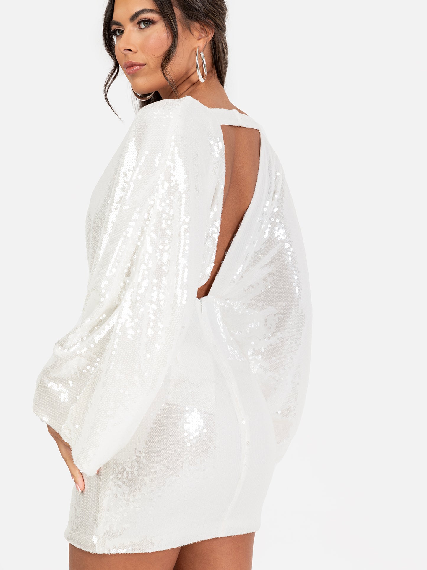 Maya White Fully Embellished Kimono Sleeve & Open Back Mini Dress
