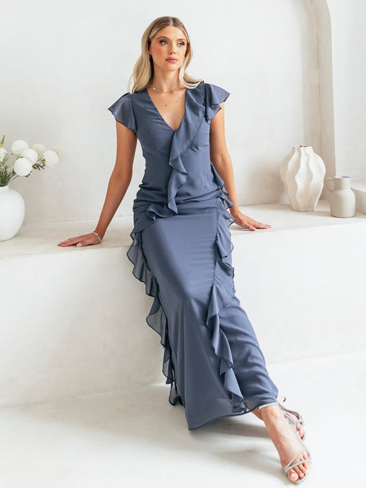Anaya With Love Recycled Vintage Indigo Waterfall Ruffle Maxi Dress