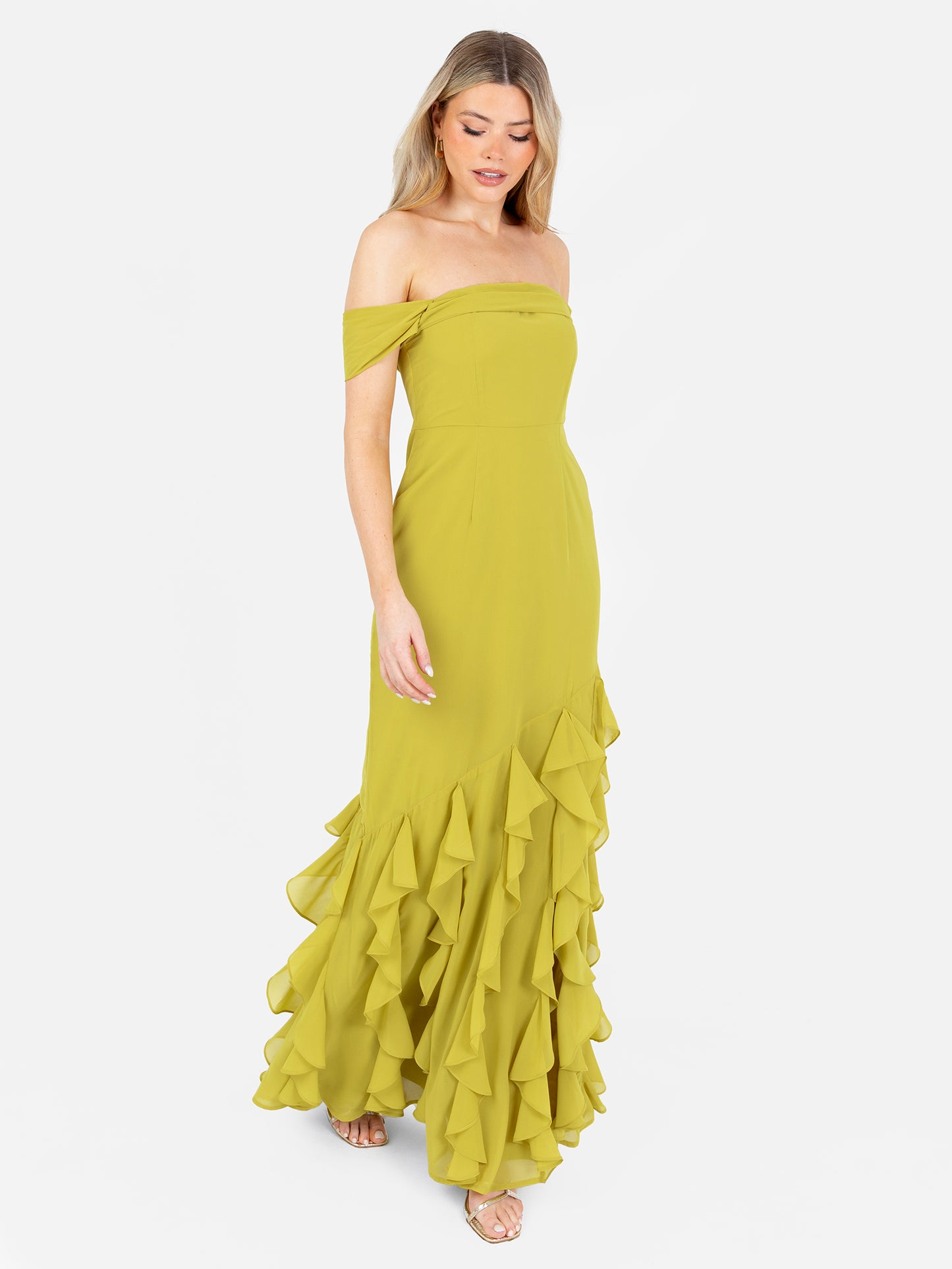 Anaya With Love Recycled Lime Bardot Maxi Dress with Ruffle Detail