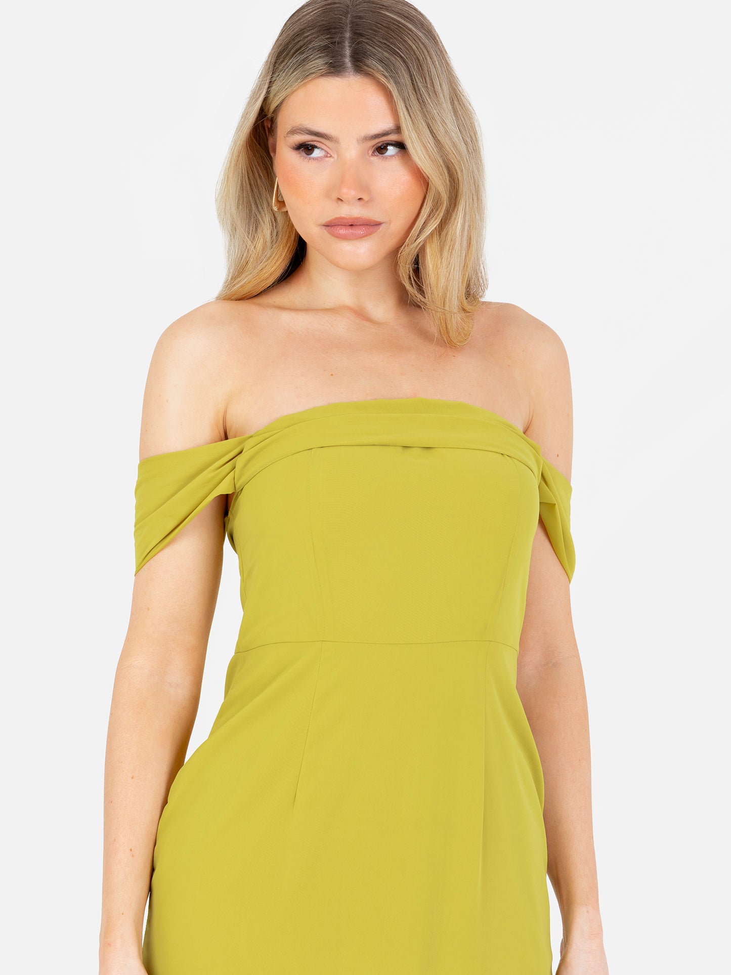 Anaya With Love Recycled Lime Bardot Maxi Dress with Ruffle Detail