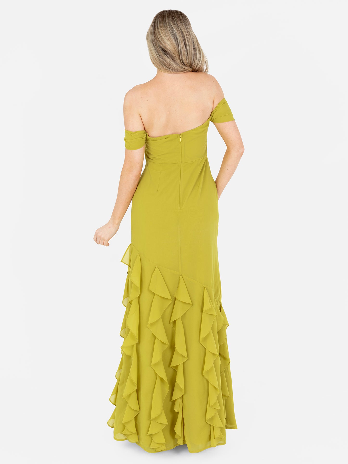Anaya With Love Recycled Lime Bardot Maxi Dress with Ruffle Detail