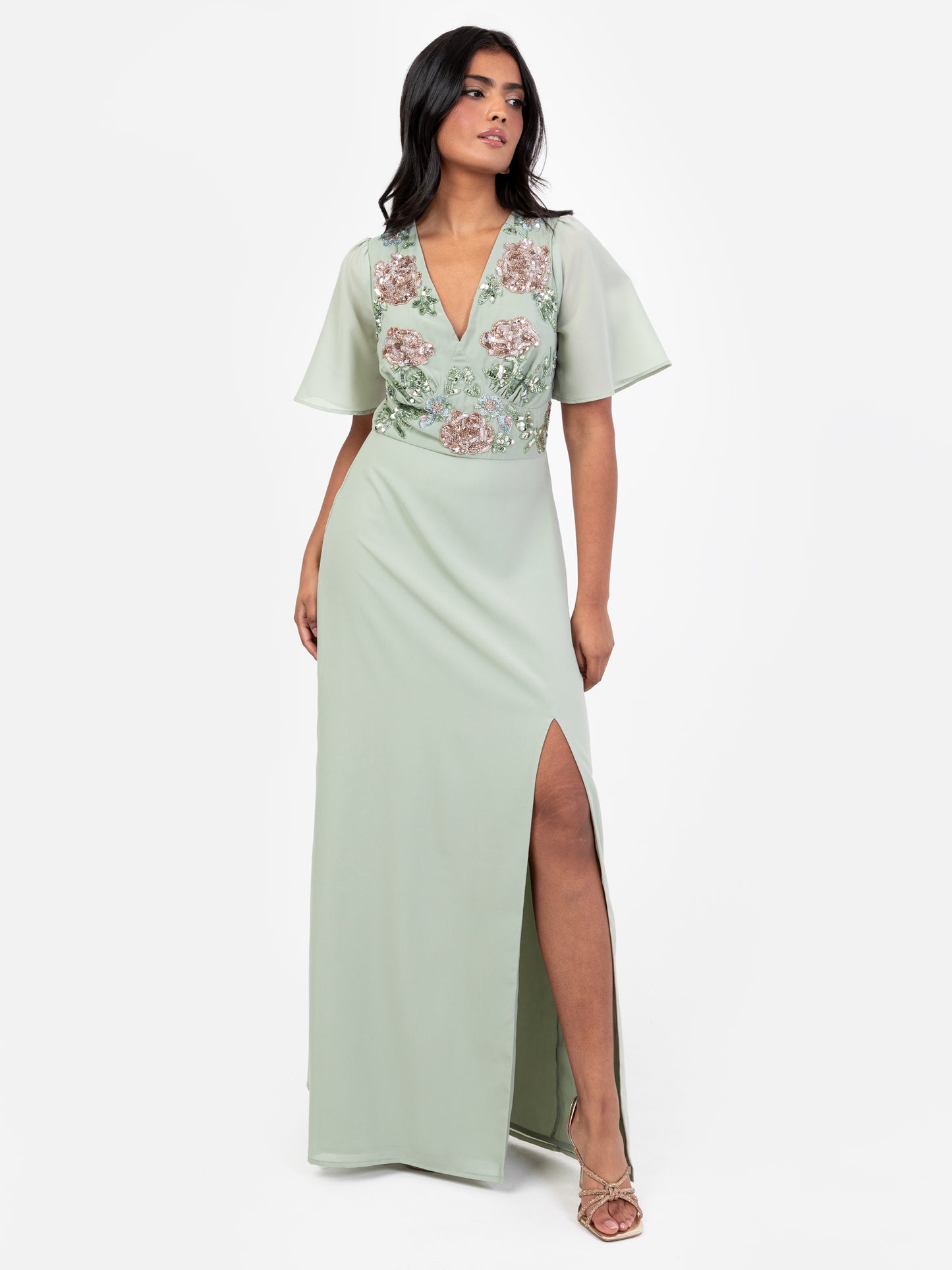 Maya Sage Green Floral Embellished Short Sleeve Maxi Dress with Skirt Split