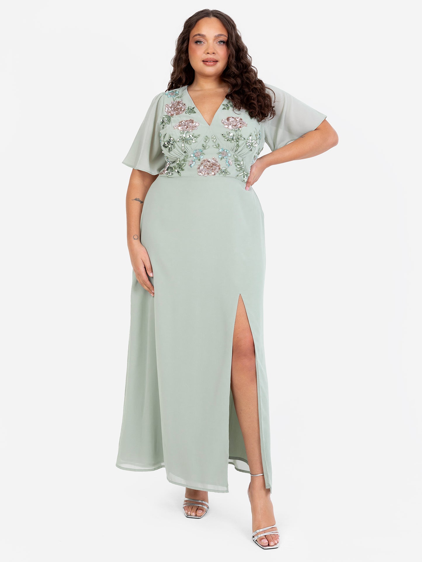 Maya Sage Green Floral Embellished Short Sleeve Maxi Dress with Skirt Split