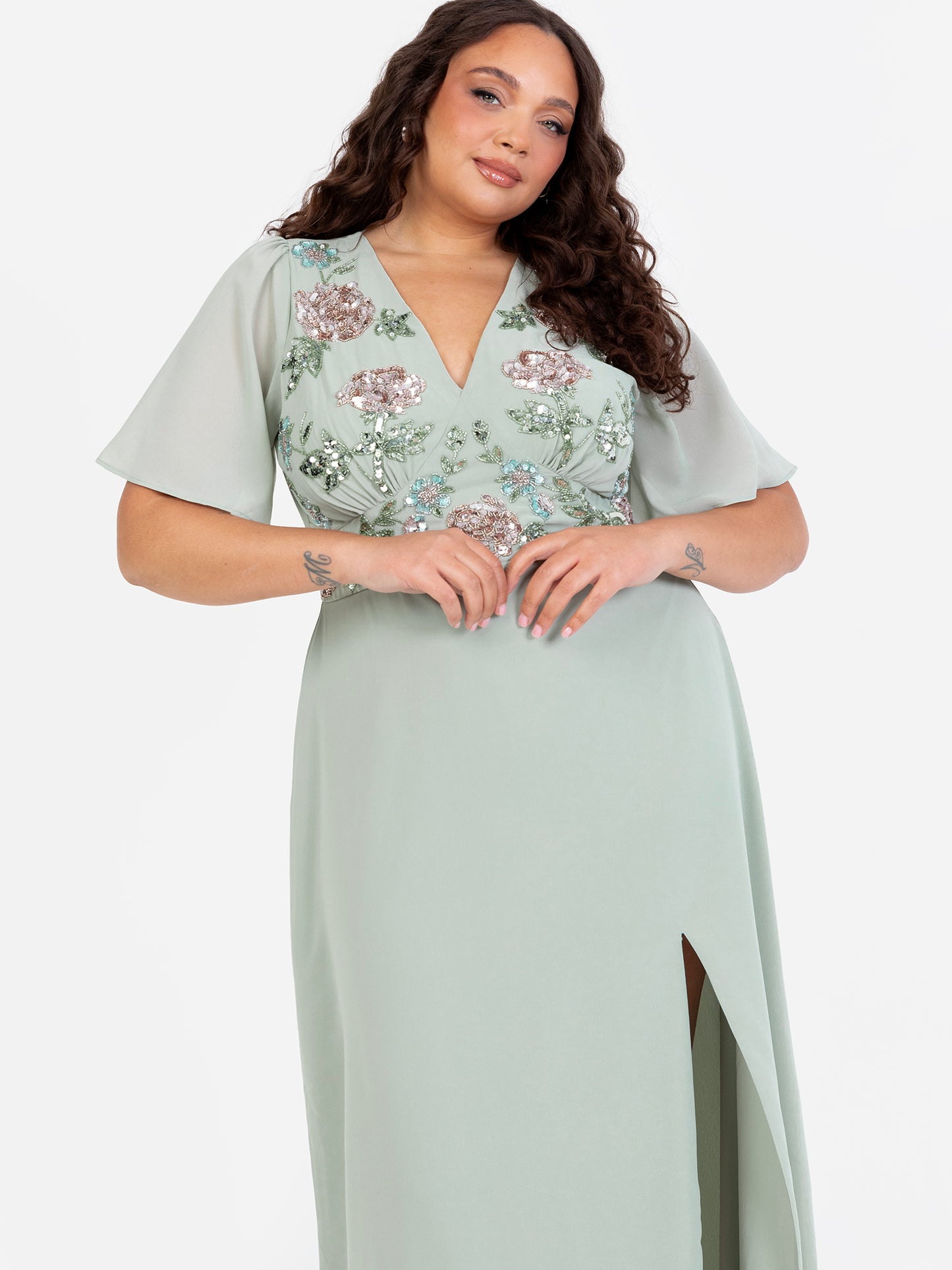 Maya Sage Green Floral Embellished Short Sleeve Maxi Dress with Skirt Split