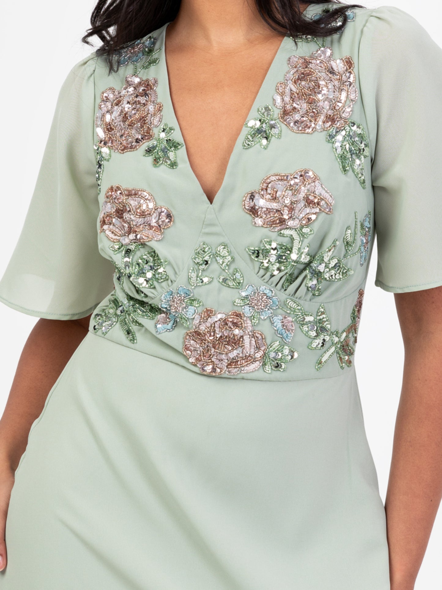 Maya Sage Green Floral Embellished Short Sleeve Maxi Dress with Skirt Split