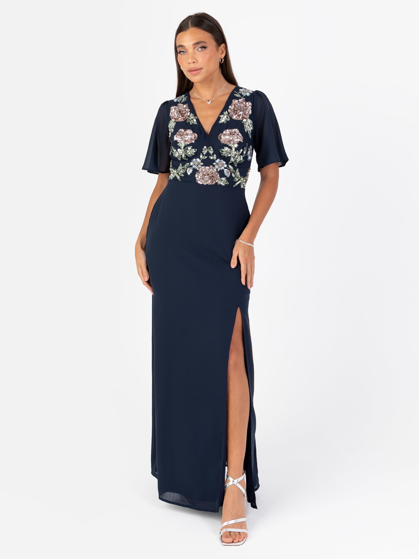 Maya Navy Floral Embellished Short Angel Sleeve Maxi Dress with Skirt Split