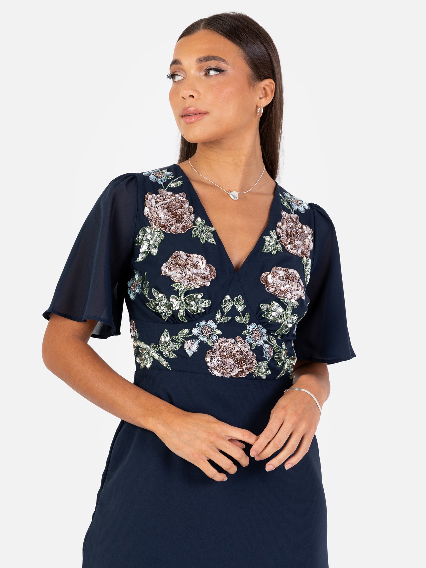 Maya Navy Floral Embellished Short Angel Sleeve Maxi Dress with Skirt Split