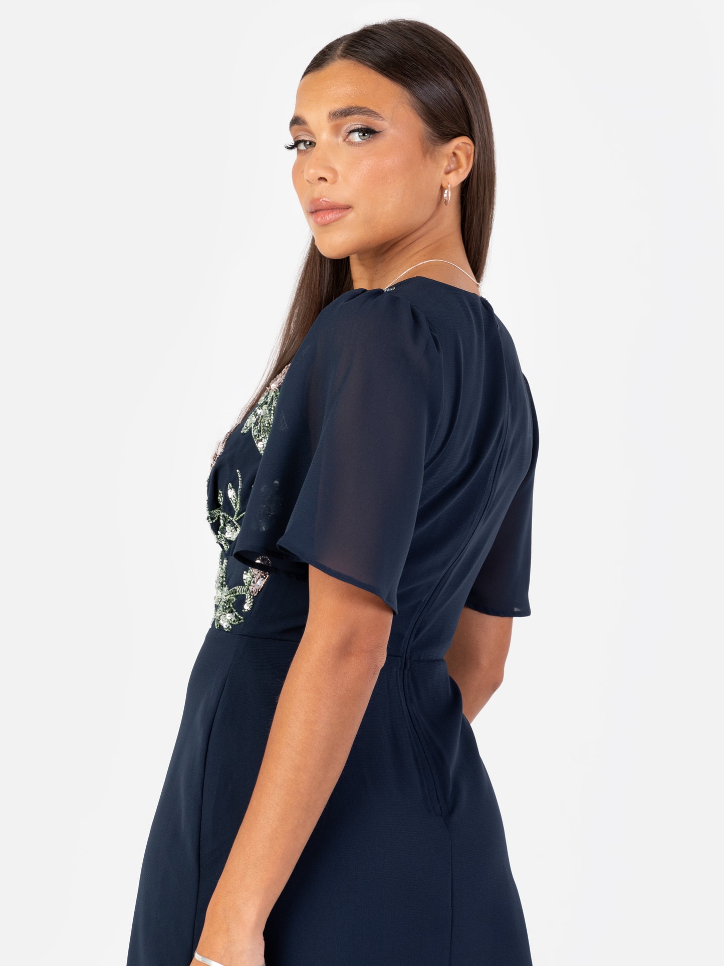 Maya Navy Floral Embellished Short Angel Sleeve Maxi Dress with Skirt Split