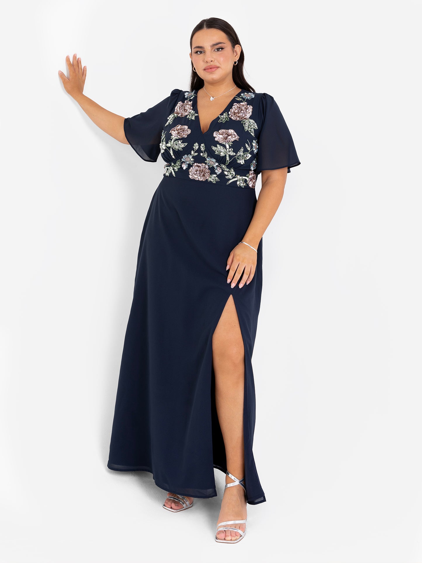 Maya Navy Floral Embellished Short Angel Sleeve Maxi Dress with Skirt Split