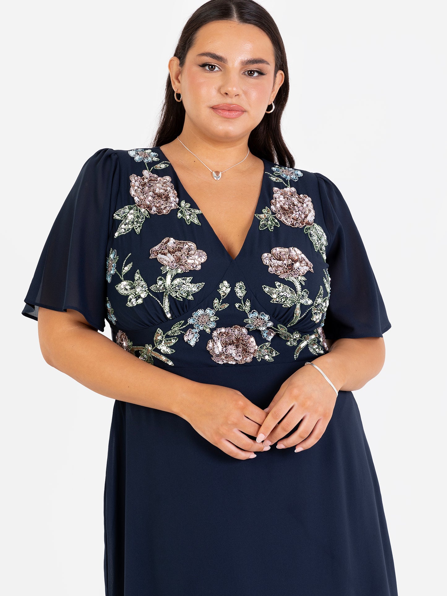 Maya Navy Floral Embellished Short Angel Sleeve Maxi Dress with Skirt Split