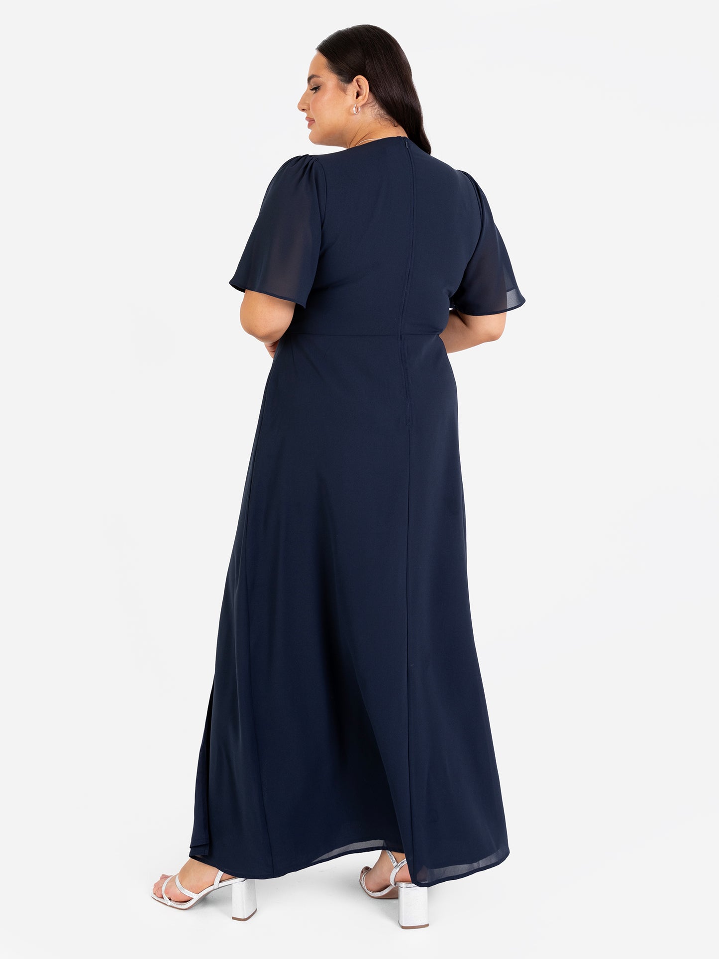 Maya Navy Floral Embellished Short Angel Sleeve Maxi Dress with Skirt Split