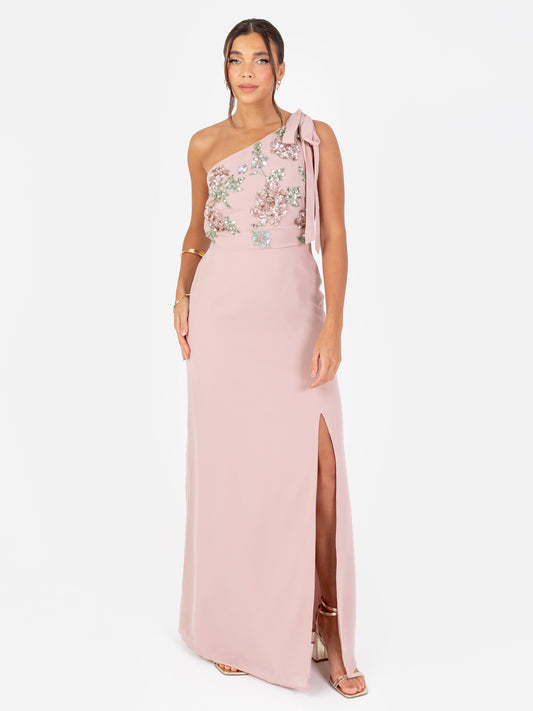 Maya Frosted Pink Floral Embellished Self-Tie One Shoulder Maxi Dress