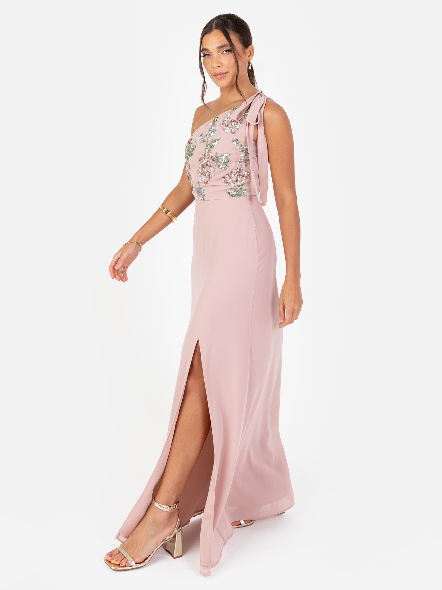 Maya Frosted Pink Floral Embellished Self-Tie One Shoulder Maxi Dress
