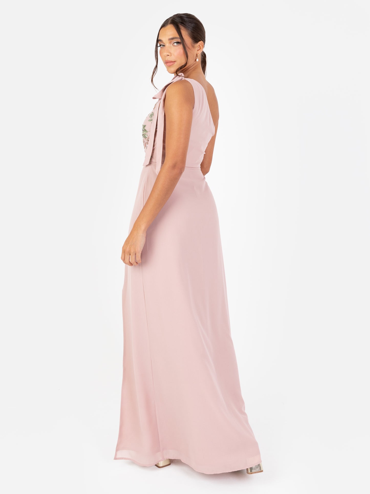 Maya Frosted Pink Floral Embellished Self-Tie One Shoulder Maxi Dress