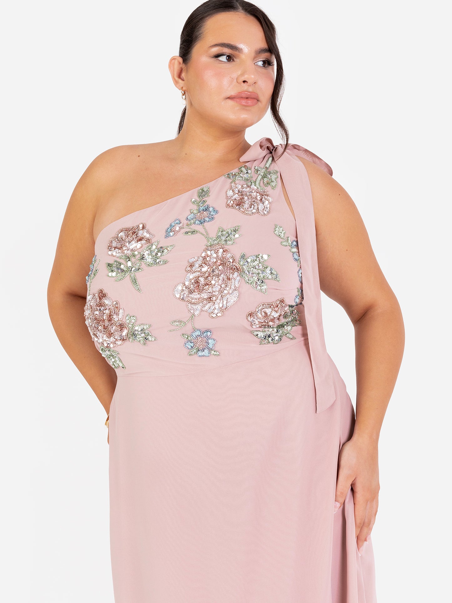 Maya Frosted Pink Floral Embellished Self-Tie One Shoulder Maxi Dress