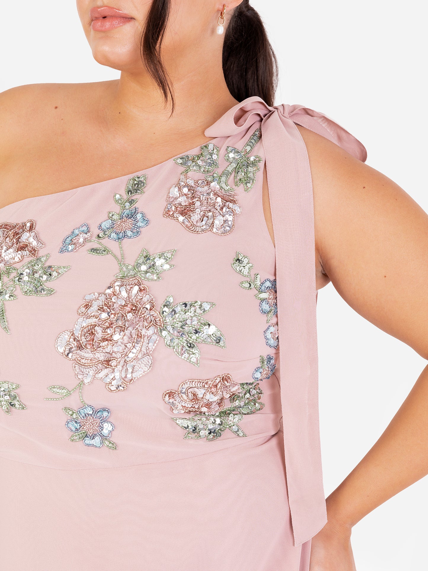 Maya Frosted Pink Floral Embellished Self-Tie One Shoulder Maxi Dress