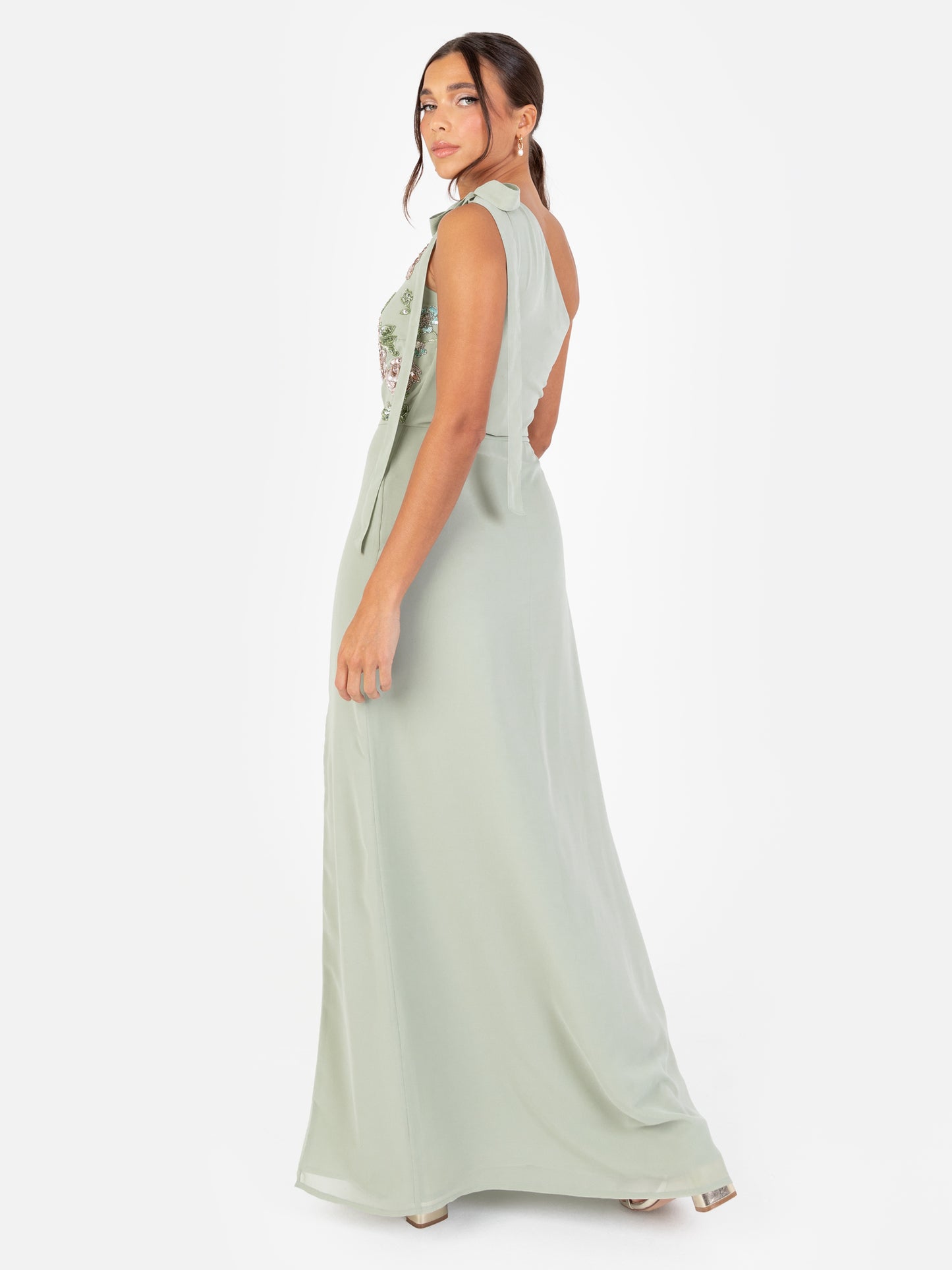 Maya Sage Green Floral Embellished Self-Tie One Shoulder Maxi Dress