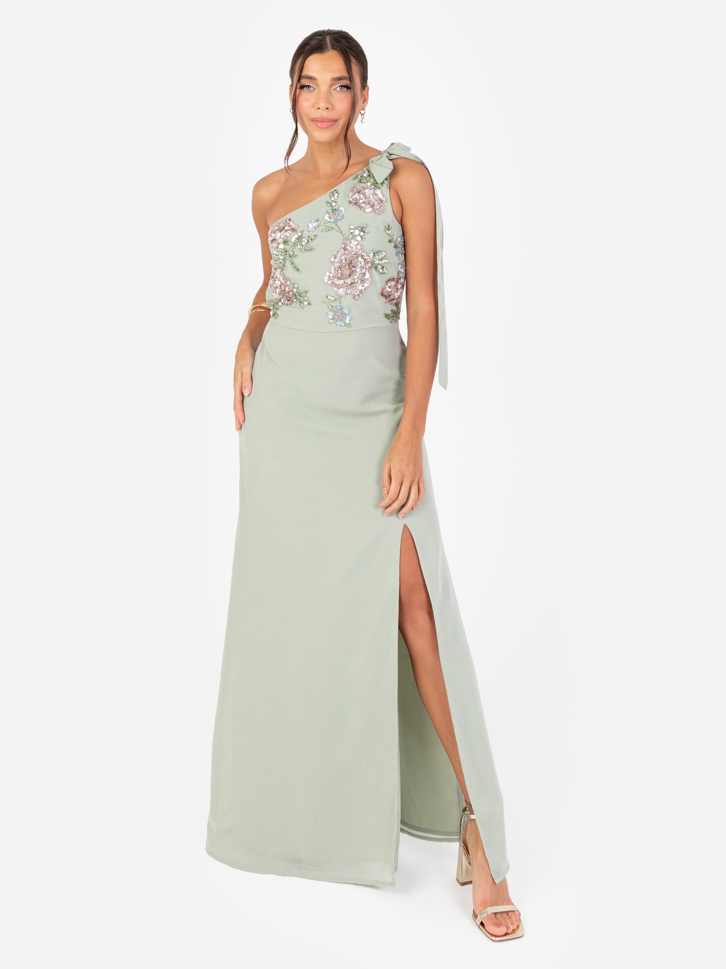 Maya Sage Green Floral Embellished Self-Tie One Shoulder Maxi Dress