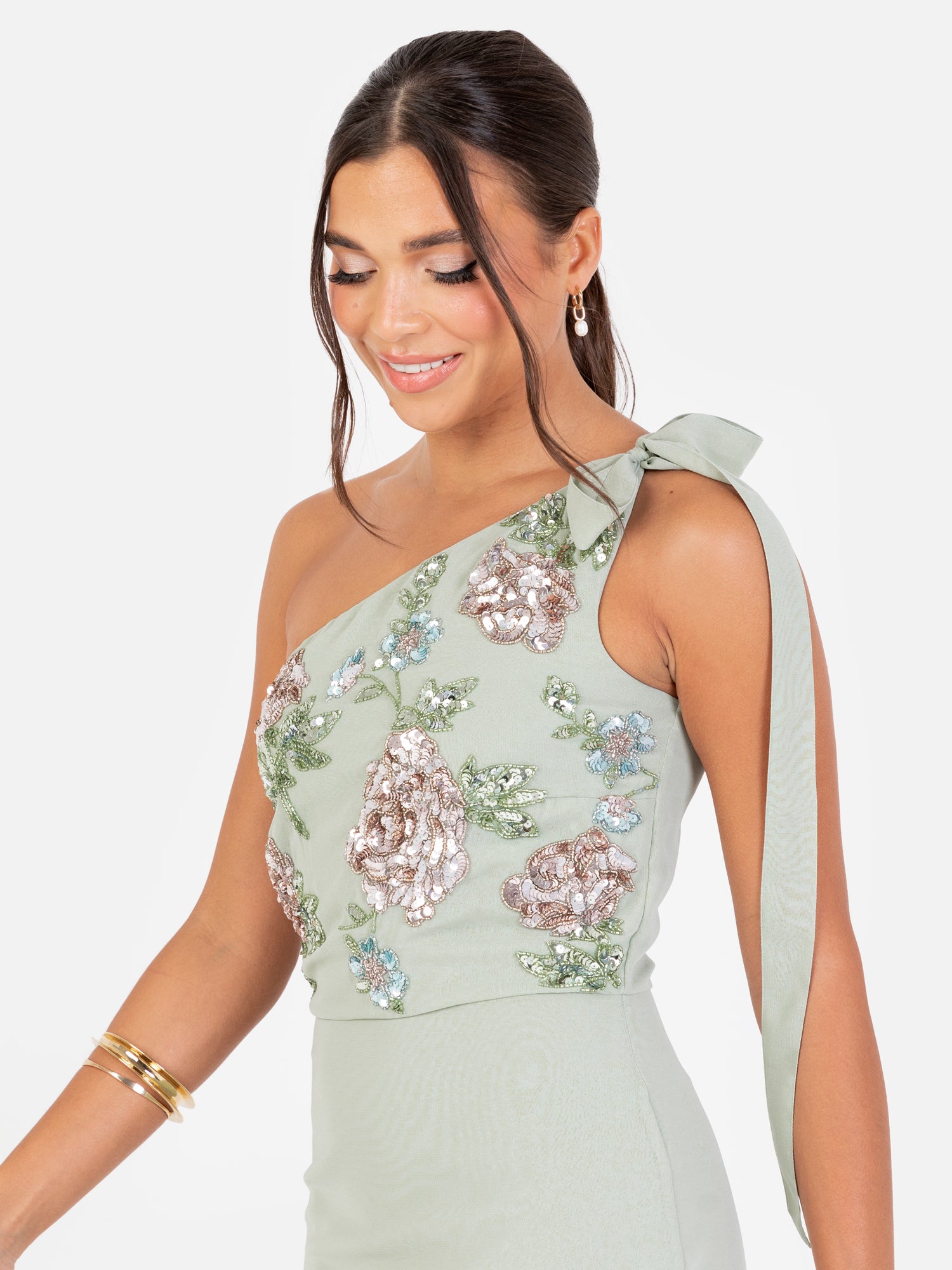 off shoulder dress with floral embellishment in frosted sage Baltic Born Womens Payton Off Shoulder Maxi Dress | Dusty Sage