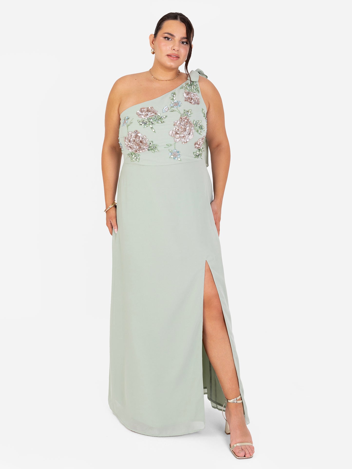 Maya Sage Green Floral Embellished Self-Tie One Shoulder Maxi Dress
